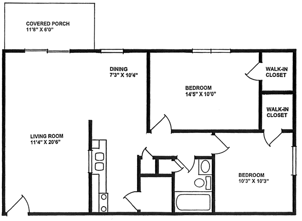 845 square feet, two bedrooms