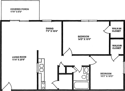 845 square feet, 2 bedrooms